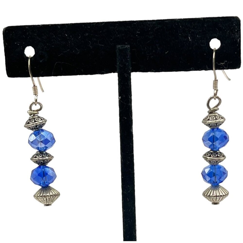 Handmade 925 Sterling‎ Silver Hook Bead Drop Earrings Blue Saphire Glass Crystal